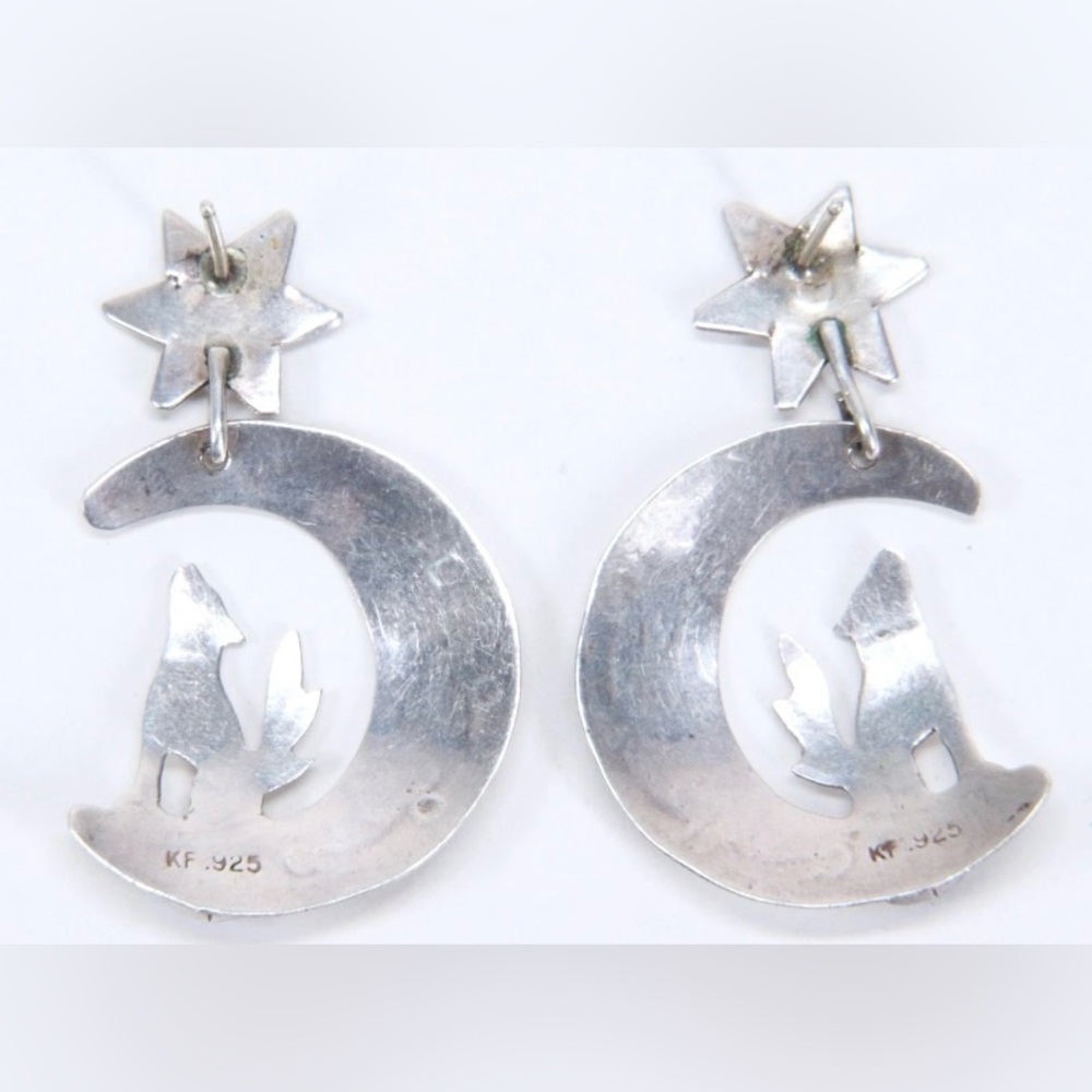 Vintage Navajo Sterling Hand-Stamped Howling Coyote Earrings with Lepidolite - Picture 2 of 3